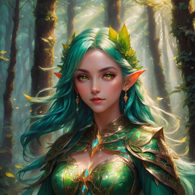 Piękna Elf z długimi zielonymi włosami