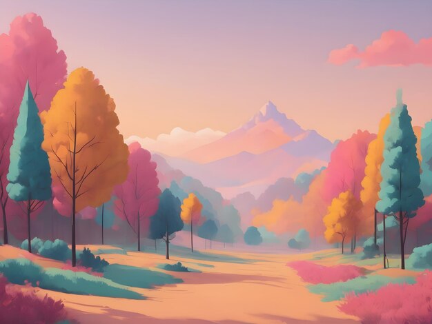 Zdjęcie piękna estetyczna tapeta kolorowego lasu z górami w tle