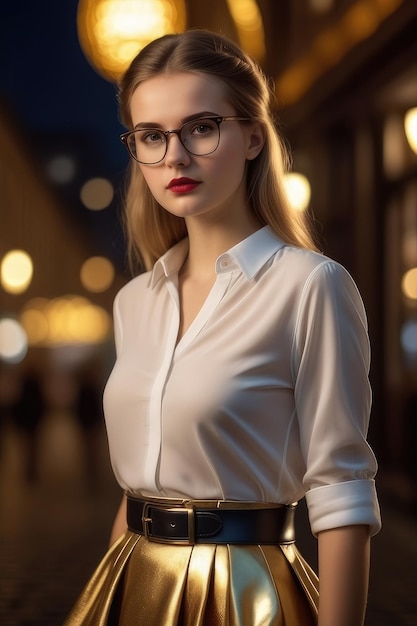 Piękna europejska dziewczyna w złotych ubraniach i okularach stoi na ulicy w nocy