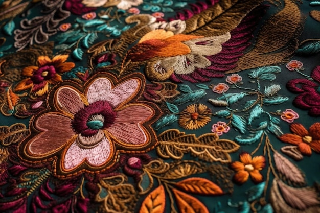 Piękna faktura tkaniny ze skomplikowanym haftem i kolorowymi detalami stworzona za pomocą generatywnej sztucznej inteligencji