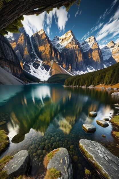 Piękna fotografia krajobrazowa tapeta tło szczyty jezioro kanion niebo białe chmury