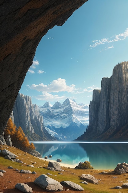 Piękna fotografia krajobrazowa tapeta tło szczyty jezioro kanion niebo białe chmury