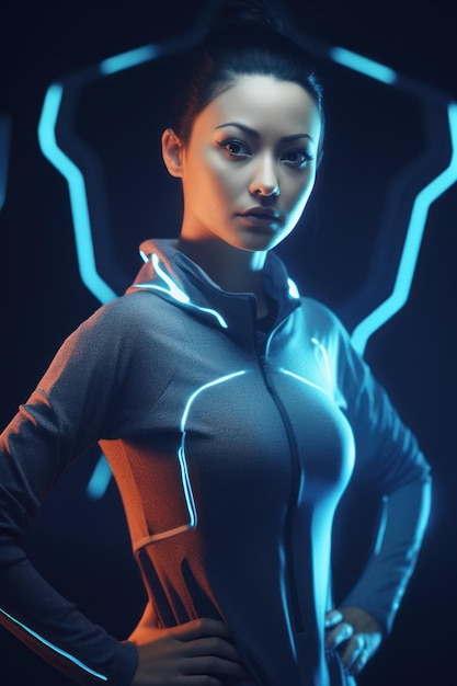 Piękna futurystyczna kobieta oświetlona niebieskim i pomarańczowym światłem studyjnym Portret dziewczynki cyberpunk Generatywne ai