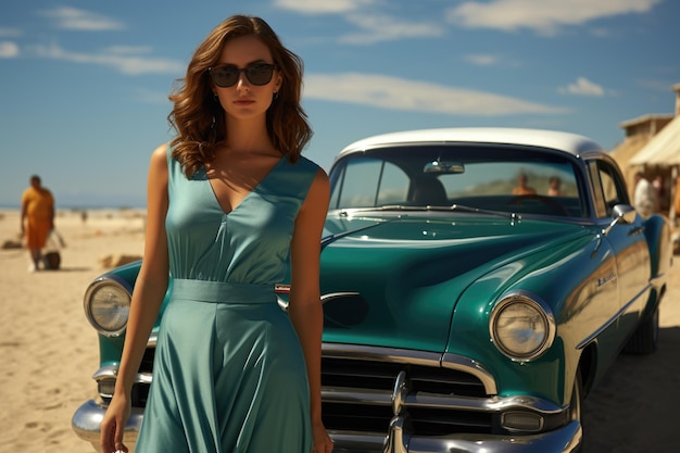 Piękna, gorąca, seksowna młoda dziewczyna w samochodzie retro w stylu lat 6070. w okularach przeciwsłonecznych wygrzewa się w słońcu Letnie wakacje na plaży, lekka otwarta sukienka z dekoltem, stylowe zdjęcie