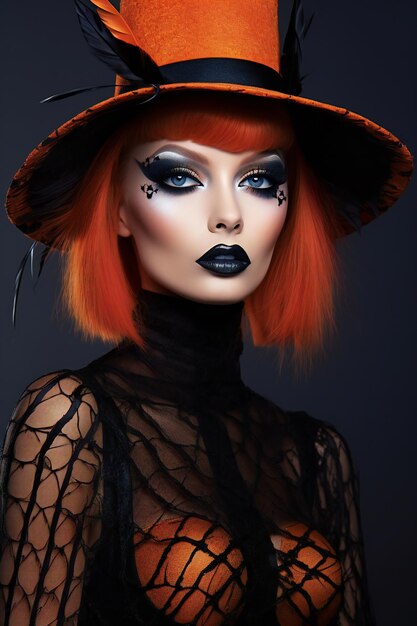 Piękna gotycka kobieta z pomarańczowym kapeluszem Halloweenowym motywem