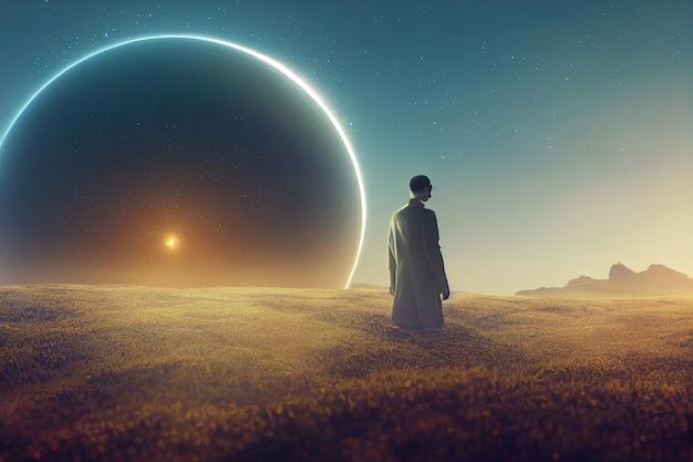 Piękna grafika cyfrowa portret futurystycznego mężczyzny stojącego na polu patrzącego na planetę z gigantycznymi pierścieniami Scena Scifi sztuka cyfrowa styl malarstwo cyfrowe