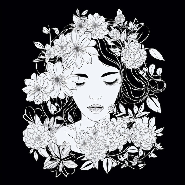 Piękna grafika liniowa przedstawiająca kobietę wykonaną z delikatnych kwiatów na czarnym tle