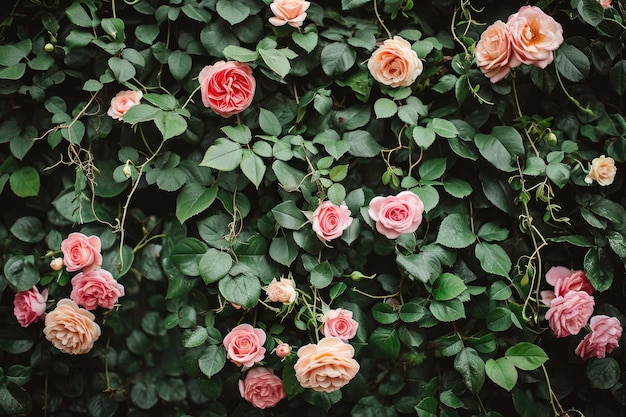 Piękna gromada kolorowych kwiatów w pełnym rozkwicie na krzaku dodając odcienie żywych odcieni do krajobrazu Ogród weselny z różnymi rodzajami róż i bluszczu AI generowany
