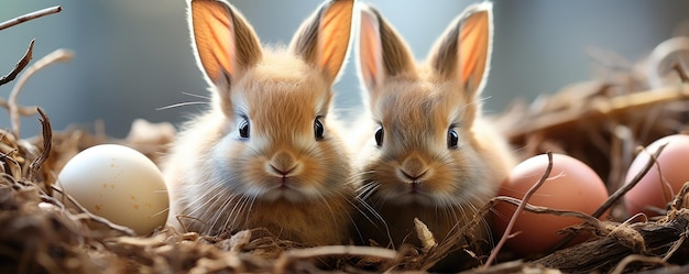 Zdjęcie piękna grupa królików wielkanocnych z kolorowymi malowanymi jajkami w przyrodzie