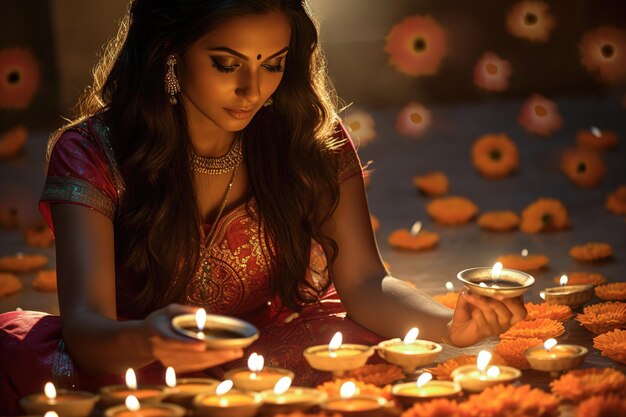 Piękna hinduska indyjska kobieta zapalająca świece na festiwalu Diwali Generative Ai