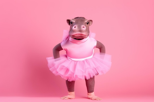Piękna Hipopotamowa Dziewczyna Z Różową Spódniczką Baletową Tutu Na Kolorowym Tle Generative Ai