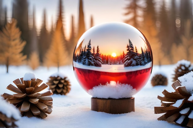 Piękna i błyszcząca dekoracja bożonarodzeniowa na śnieżnym zimowym tle