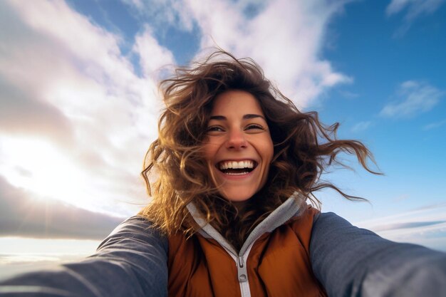 Piękna i szczęśliwa kobieta robiąca selfie na tle nieba.