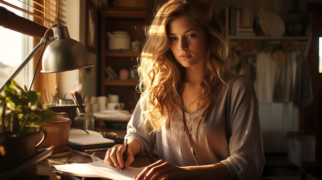 Piękna i urocza dziewczyna pisze romantyczne wiersze za biurkiem.