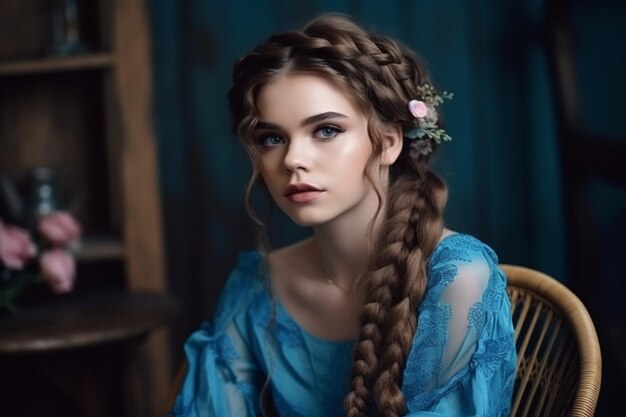 Piękna i urocza dziewczyna w niebieskiej sukience z piękną fryzurą i makijażem siedząca