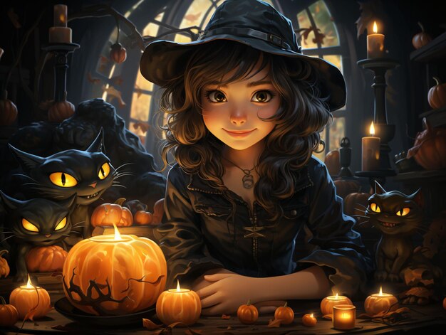 Piękna i urocza wiedźma w czarnej sukience i czapce wiedźmy na przerażającym tle Halloween