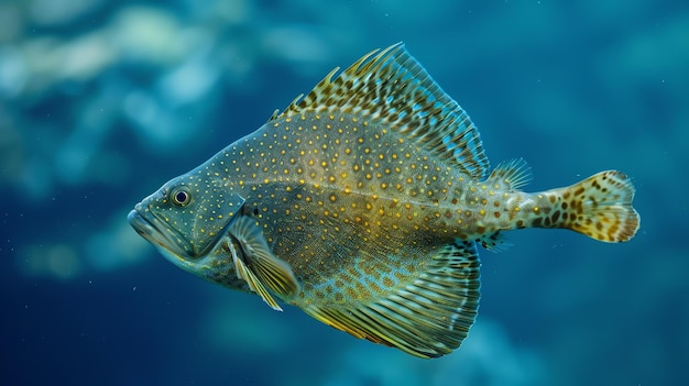 Piękna i wyjątkowa ryba pływa w głębokim niebieskim morzu Ryba ma żółto-niebieskie plamiste ciało