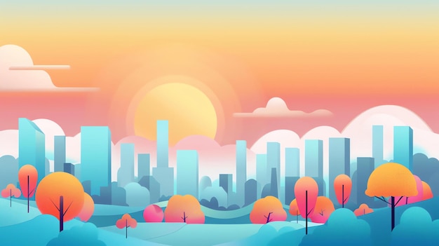 Piękna ilustracja krajobrazu miejskiego z żywym zachodem słońca i kolorowym niebem