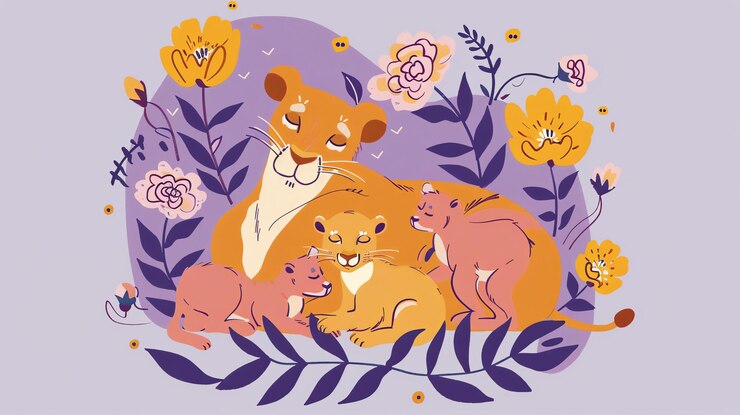 Zdjęcie piękna ilustracja lwicy i jej młodych lewica leży z jej młodymi przytulonymi obok niej