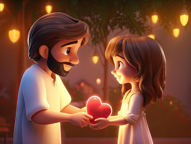 Piękna ilustracja postaci 3D Jezusa, dając serce kolorowy zabawny projekt kreskówki