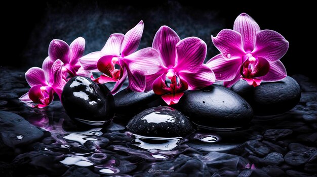 Piękna ilustracja różowych orchidei na mokrych kamieniach Koncepcja spa generatywna AI