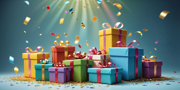 Piękna ilustracja świąteczna z wieloma kolorowymi pudełkami na prezenty i konfetti Generacyjna AI