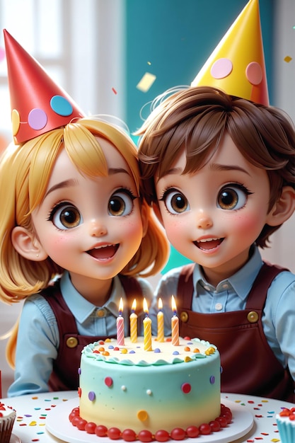 Piękna ilustracja urodzinowa z dwójką uśmiechniętych dzieci i tortem urodzinowym ze świeczkami Generacyjna AI