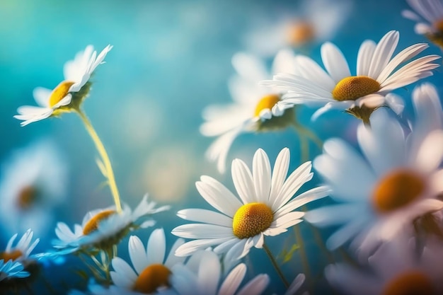 Piękna ilustracja wiosennego kwitnącego rumianku i niebieskiego rozmytego tła w słoneczny dzień Gener
