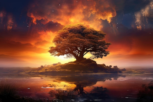 Piękna ilustracja z zachodem słońca lub wschodem słońca z drzewem otoczonym wodą