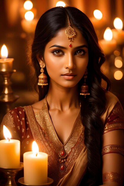 Zdjęcie piękna indyjska dama ze świecami w tradycyjnym stroju.
