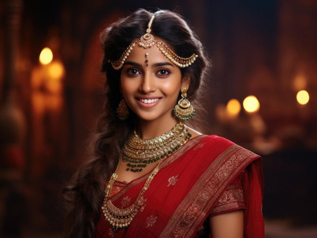 Piękna indyjska dziewczyna nosi czerwone sari