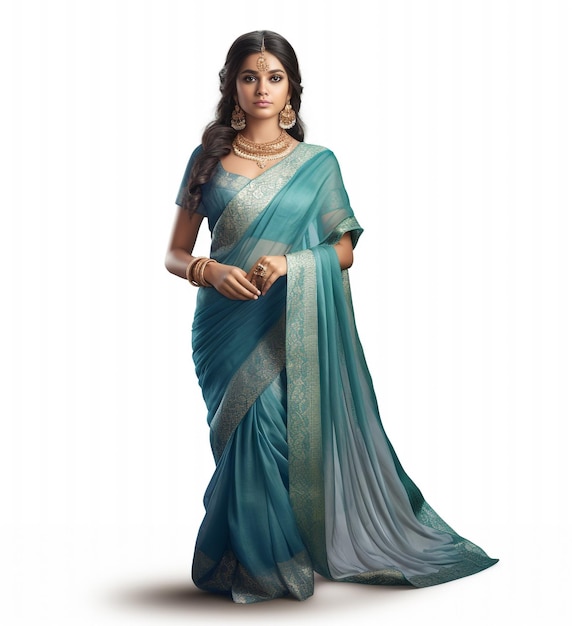Piękna indyjska dziewczyna nosząca tradycyjny sari na białym tle z generatem Ai
