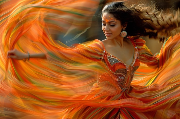 Piękna indyjska kobieta tańcząca w tradycyjnym stroju z płynącymi tkaninami i biżuterią