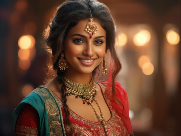 Piękna indyjska kobieta w tradycyjnym stroju czerwonym i turkusowym