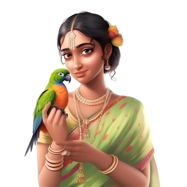 Piękna indyjska kobieta z papugą na białym tle