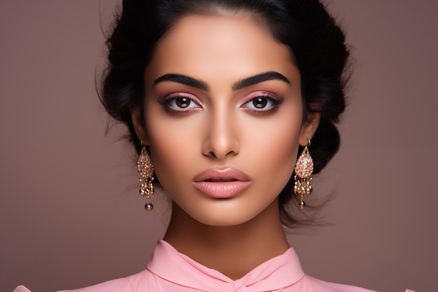 Piękna indyjska kobieta z różowymi pastelowymi ustami i cieniem na oczy nosi kolczyki na brązowym tle