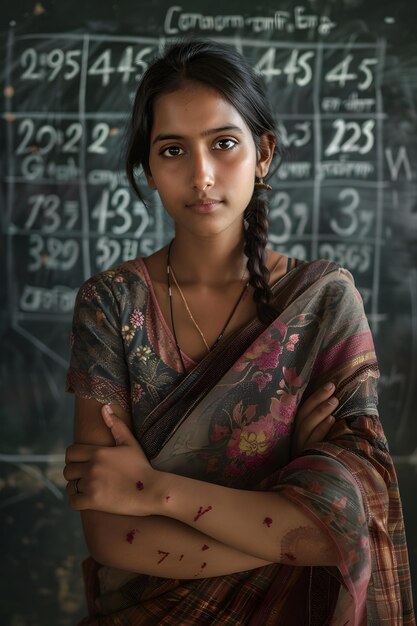 Piękna indyjska nauczycielka w sari stojąca przed tablicą