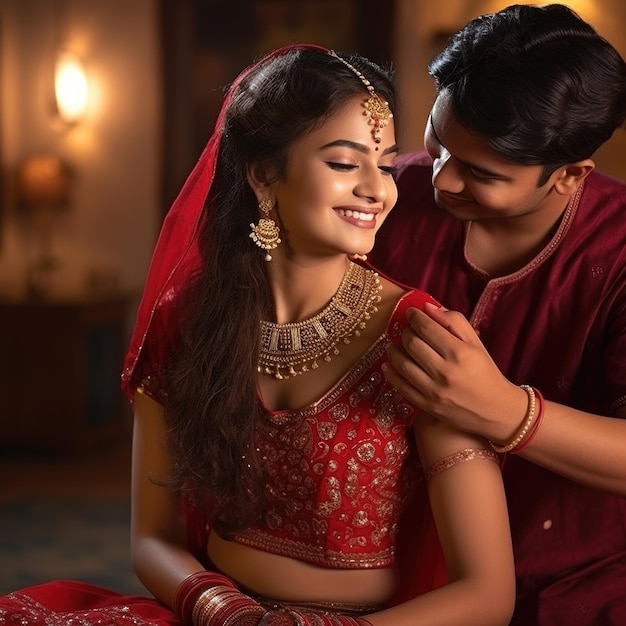Piękna indyjska para ślubna uprawiająca miłość w noc ślubu.