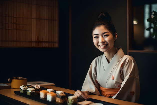 Piękna Japonka w kimonie w tradycyjnym japońskim domu lub pokoju restauracyjnym Ryokan przy stole