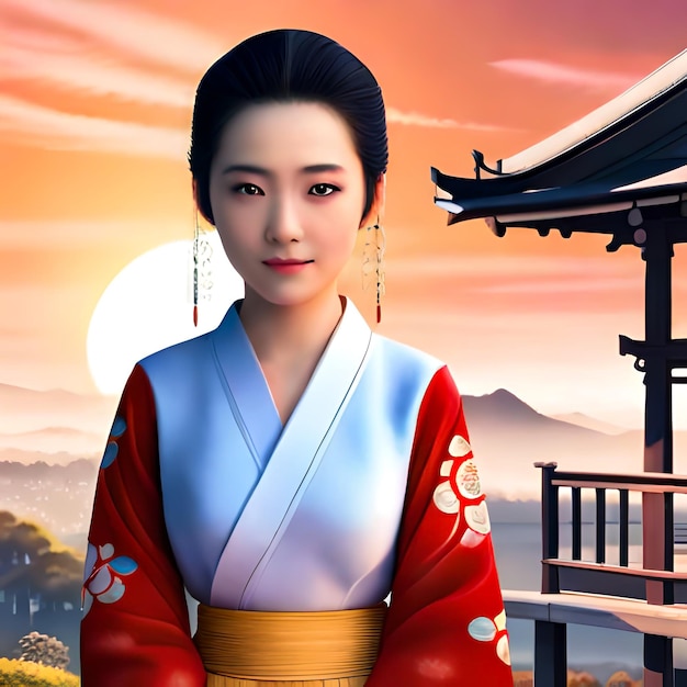 Piękna Japonka w wykwintnym czerwonym kimonie