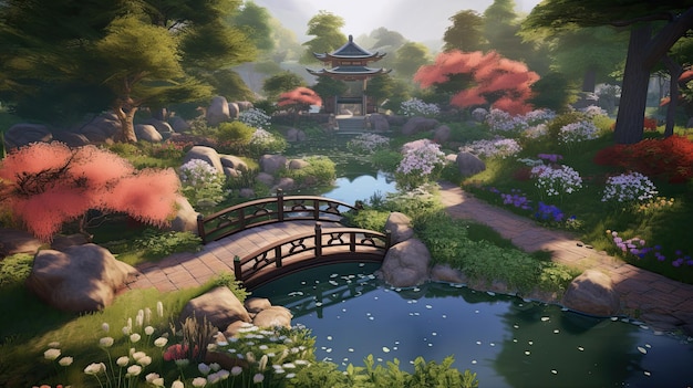 Piękna japońska tapeta ogrodowa z stawem, drzewami, kwiatami i małym mostkiem.