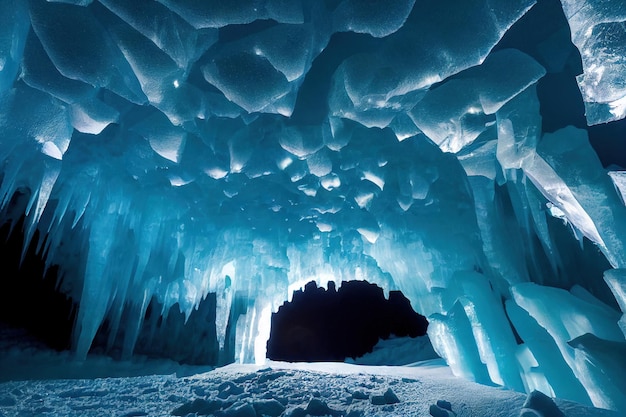 Piękna jaskinia lodowa z kryształami nory i sopla na suficie
