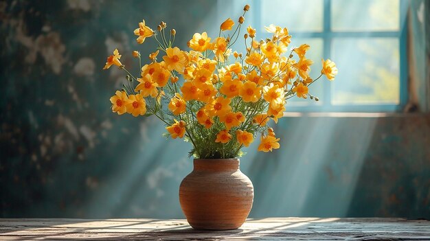 Piękna, jasna, martwa natura z żółtymi kwiatami.