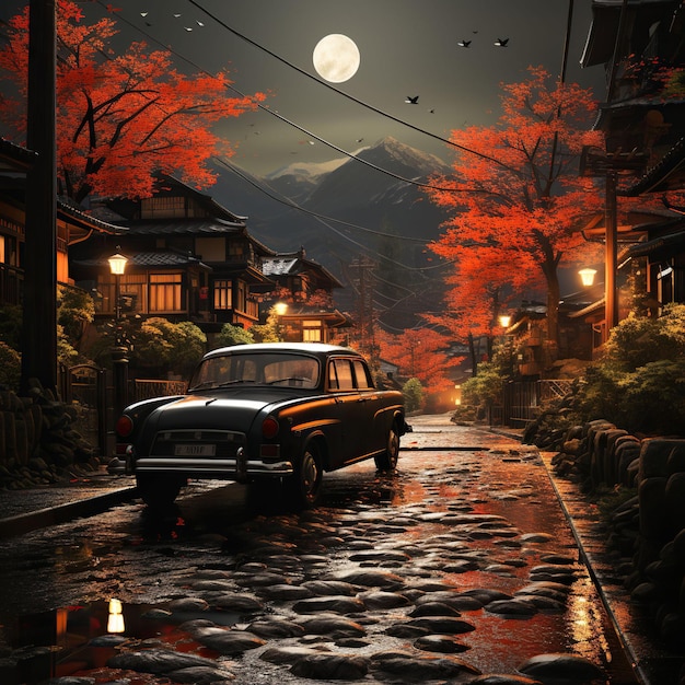 piękna jesienna ilustracja z samochodem na ulicy i świetle księżyca