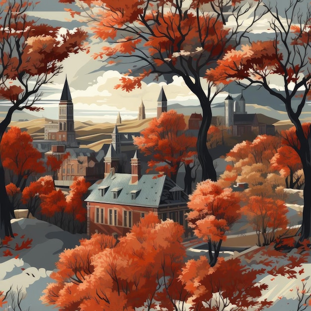 Piękna jesienna wioska z drzewami w kafelkowym stylu inspirowanym renesansem