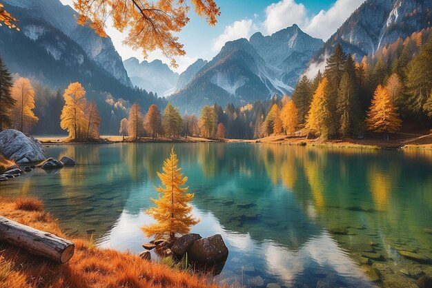 Piękna jesieńska scena jeziora Hintersee Kolorowy poranny widok Bawarskich Alp na granicy z Austrią Niemcy Europa Piękno natury pojęcie tło