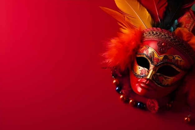 Piękna karnawałowa maska z piórkami na czerwonym tle z copyspace