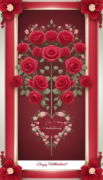 Piękna kartka walentynkowa z kwitnącymi różami i pączkami w czerwonej ramie wygenerowana przez sztuczną inteligencję