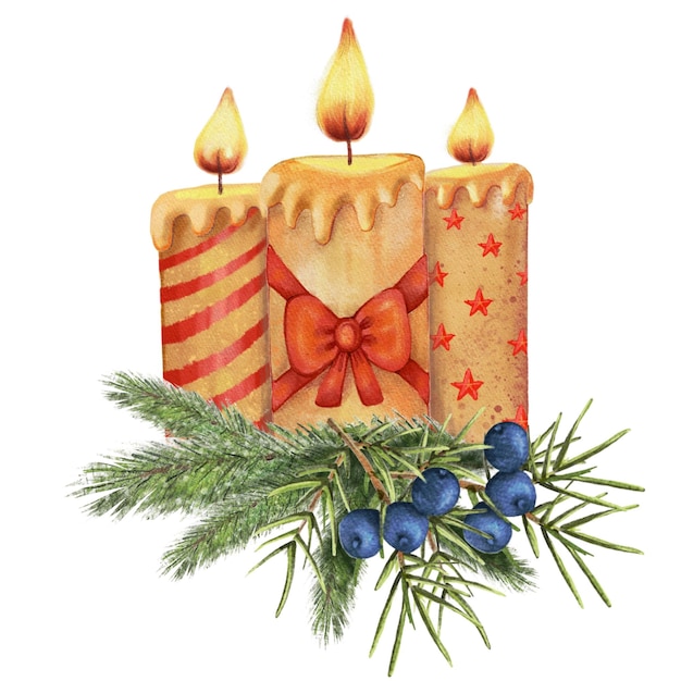 Zdjęcie piękna kartka wesołych świąt z gorącymi świecami gałązki tui świerk sosna i gałęzie jałowca