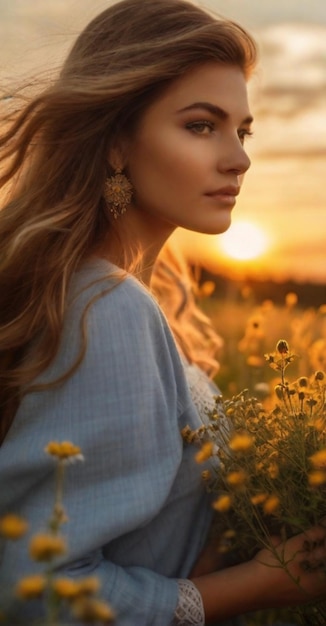 Piękna kaukaska blond młoda kobieta w złotą godzinę w fieds farmy wiosny ilustracja